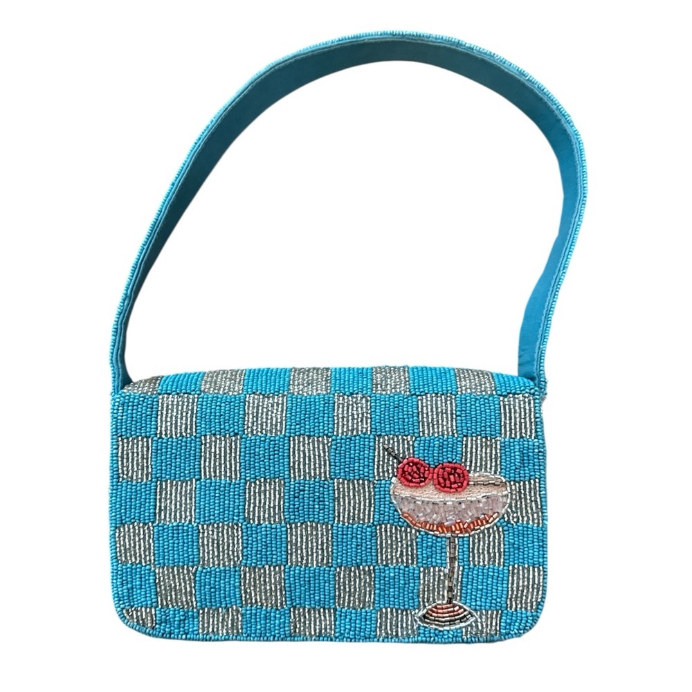 Anthropologie The Fiona Beaded Bag Food Drink Edition Cocktail Cherries Blue New - Picture 5 of 9
